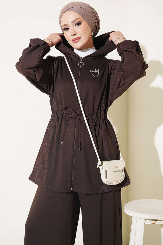 Hooded Belted Two-Piece Set In Brown