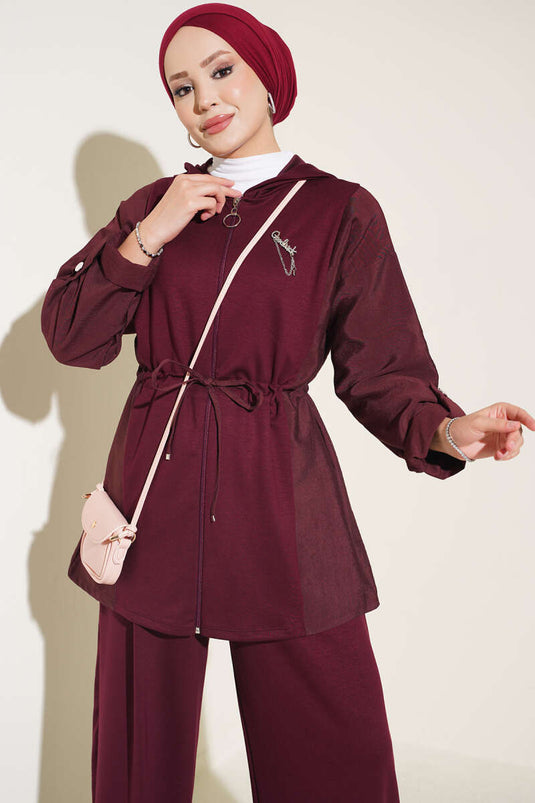 Hooded Belted Two-Piece Set In Plum