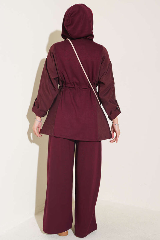 Hooded Belted Two-Piece Set In Plum