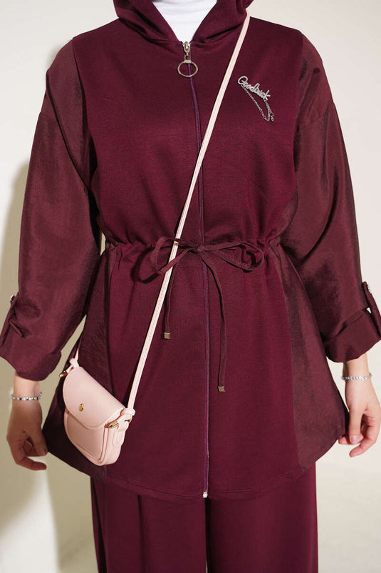 Hooded Belted Two-Piece Set In Plum