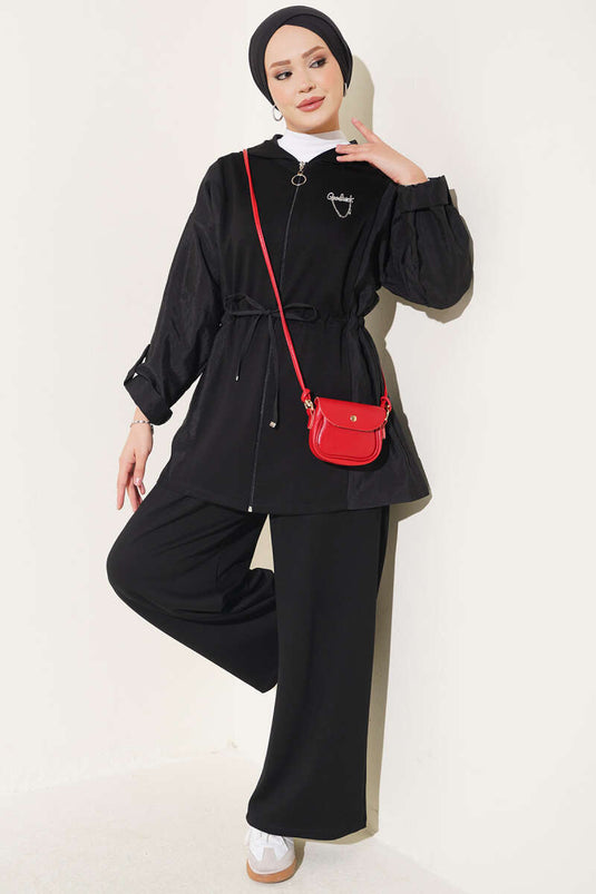 Hooded Belted Two-Piece Set Black