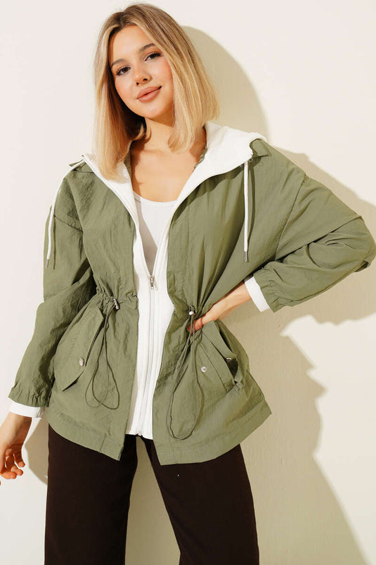Kapüşonlu Bel Tünelli Paraşüt Ceket Haki