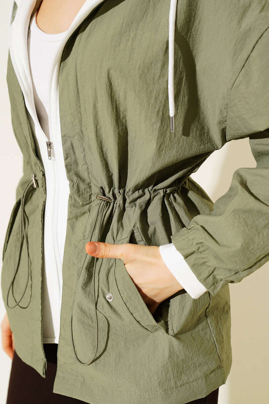 Hooded Waist Tunnel Parachute Jacket Khaki