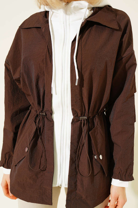 Kapüşonlu Bel Tünelli Paraşüt Ceket Kahve