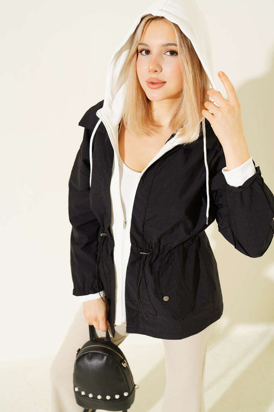 Kapüşonlu Bel Tünelli Paraşüt Ceket Siyah