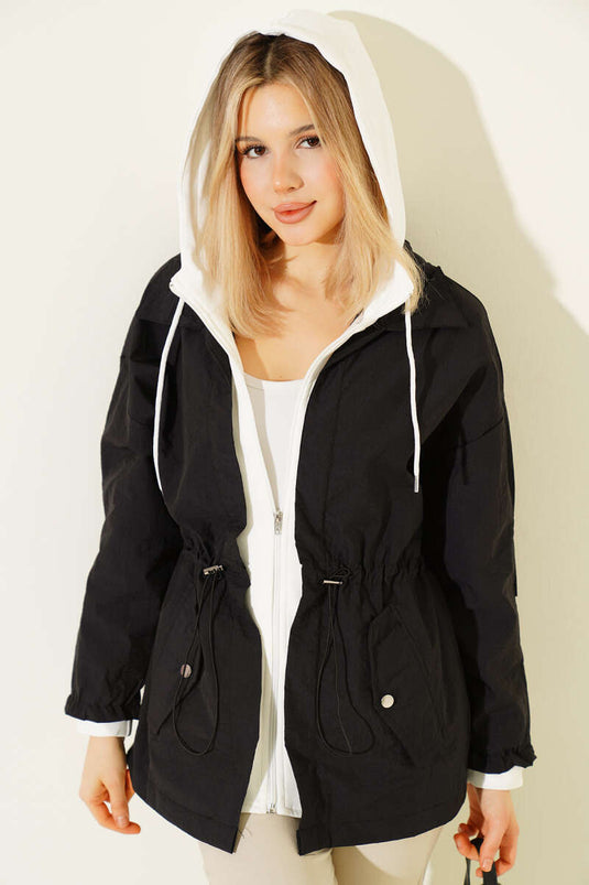 Kapüşonlu Bel Tünelli Paraşüt Ceket Siyah