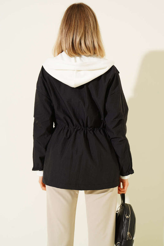 Kapüşonlu Bel Tünelli Paraşüt Ceket Siyah