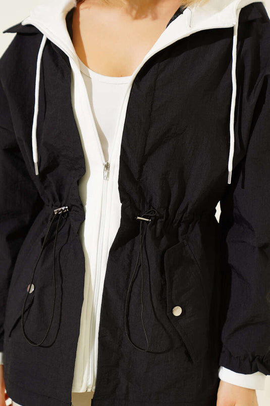 Kapüşonlu Bel Tünelli Paraşüt Ceket Siyah