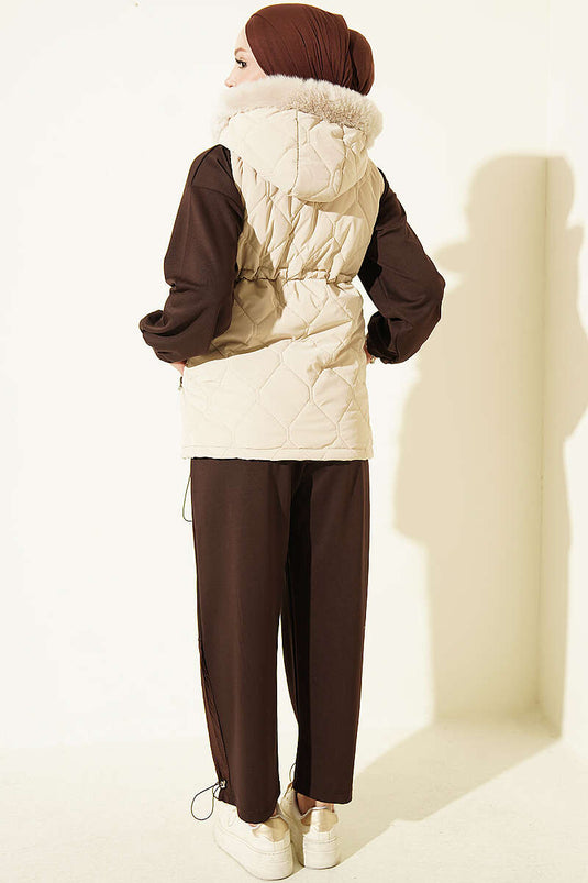 Beige Kapuzen-Weste Mit Gürtel
