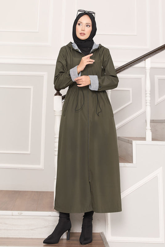 Trench-coat long à capuche et taille ajustable, kaki