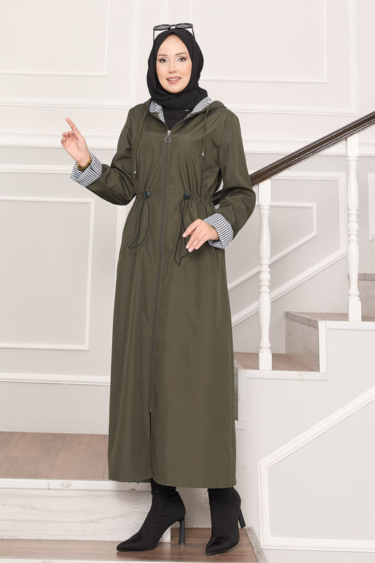 Trench-coat long à capuche et taille ajustable, kaki