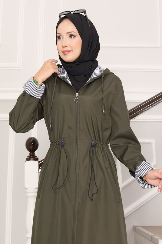 Hooded Adjustable Waist Full-Length Trench Coat Khaki