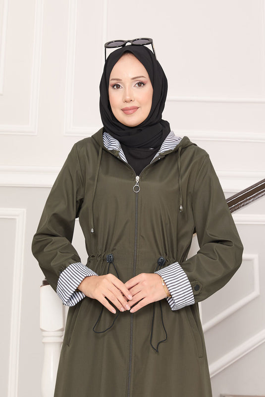 Trench-coat long à capuche et taille ajustable, kaki