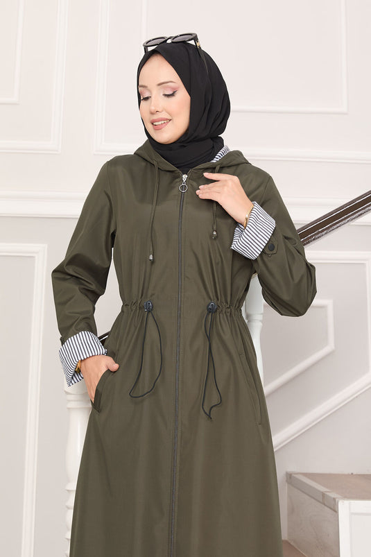 Trench-coat long à capuche et taille ajustable, kaki