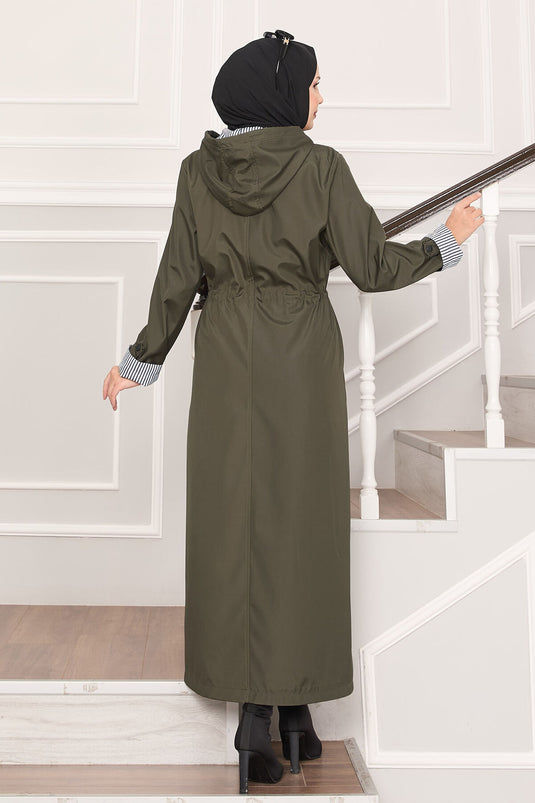 Trench-coat long à capuche et taille ajustable, kaki