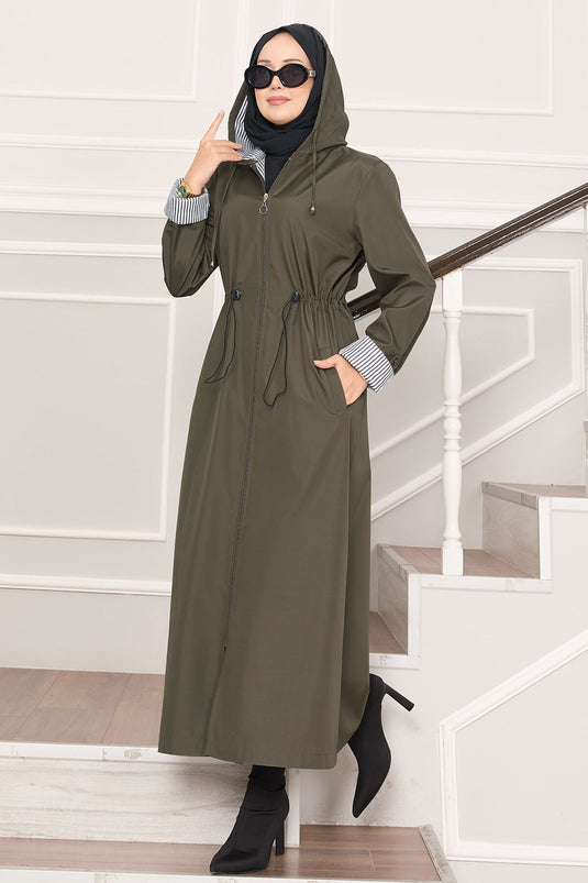 Trench-coat long à capuche et taille ajustable, kaki