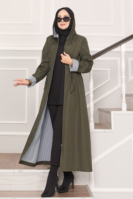 Trench-coat long à capuche et taille ajustable, kaki