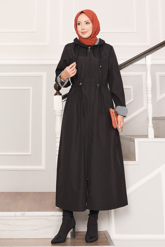 Trench-coat long à capuche et taille ajustable, noir