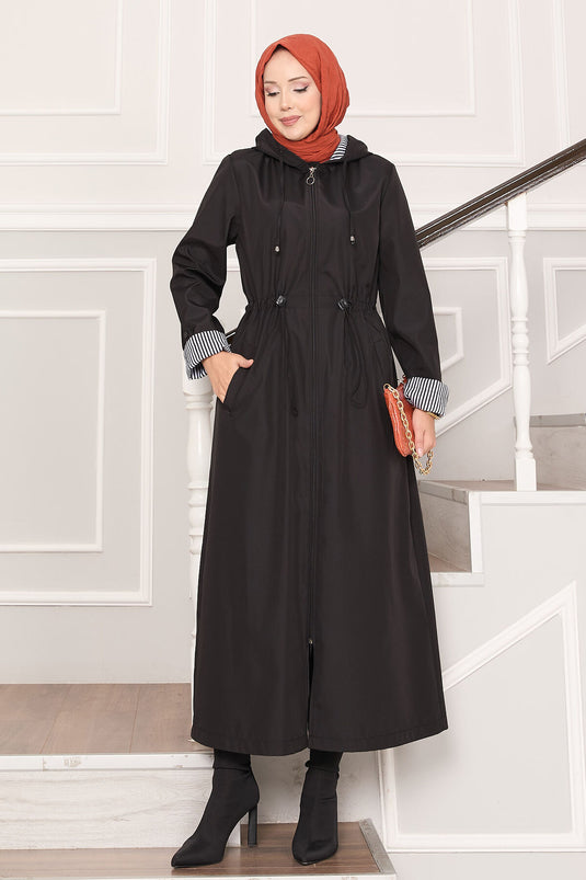 Trench-coat long à capuche et taille ajustable, noir