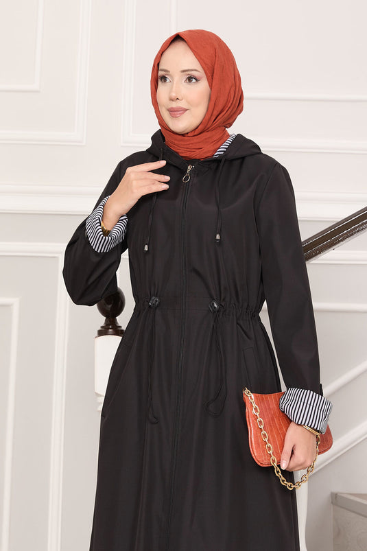 Trench-coat long à capuche et taille ajustable, noir