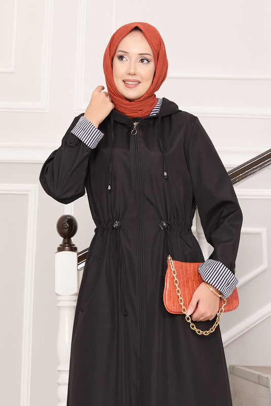 Trench-coat long à capuche et taille ajustable, noir