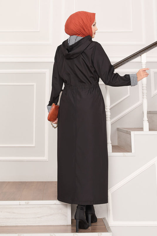 Trench-coat long à capuche et taille ajustable, noir