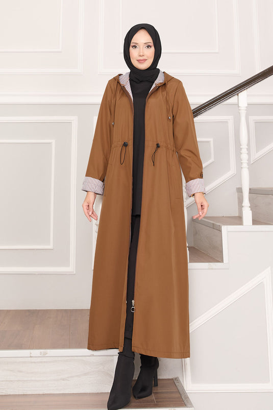 Trench-coat long et large à capuche et taille ajustable, couleur beige
