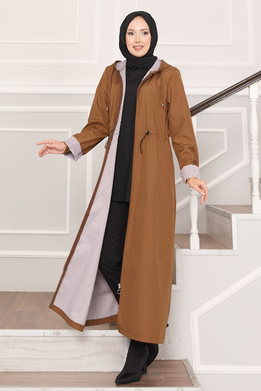 Hooded Waist-Adjustable Battal Long Trench Coat Taba