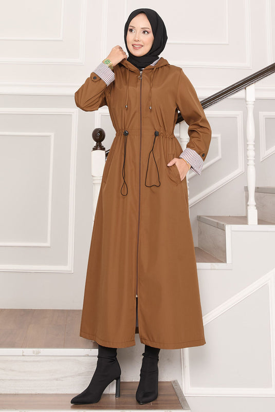 Trench-coat long et large à capuche et taille ajustable, couleur beige
