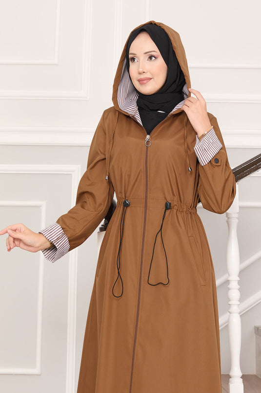 Trench-coat long et large à capuche et taille ajustable, couleur beige