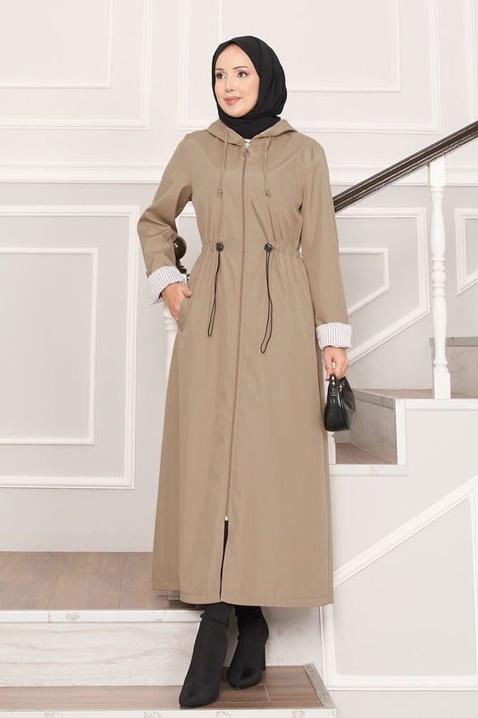 Kapüşonlu Beli Ayarlanabilir Battal Uzun Trençkot Taş
