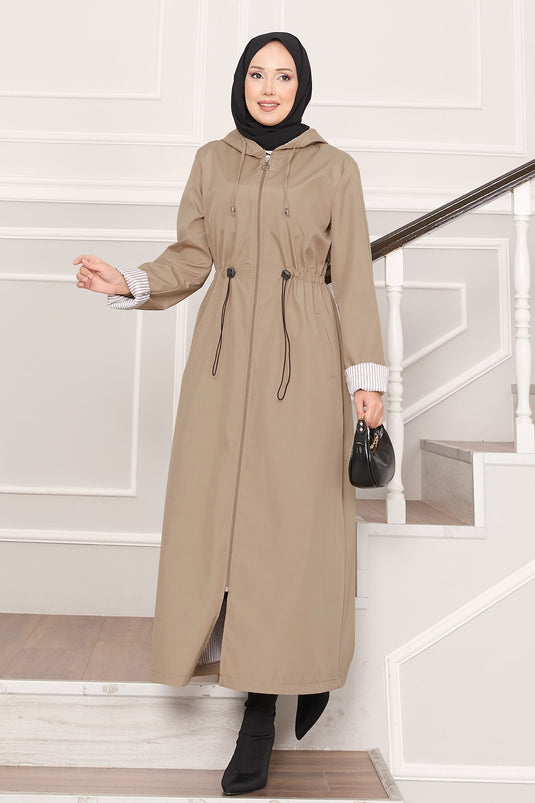 Kapüşonlu Beli Ayarlanabilir Battal Uzun Trençkot Taş