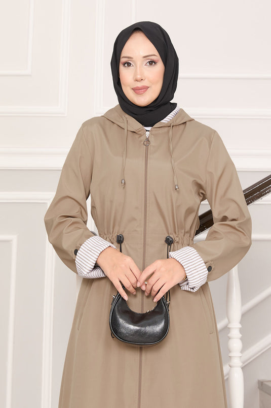 Kapüşonlu Beli Ayarlanabilir Battal Uzun Trençkot Taş