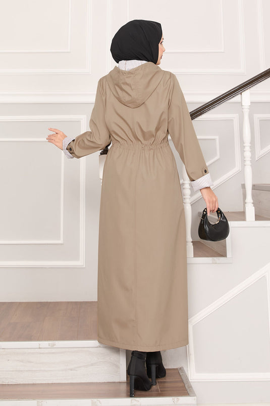 Kapüşonlu Beli Ayarlanabilir Battal Uzun Trençkot Taş