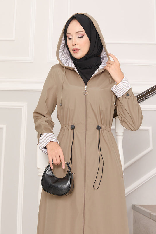 Kapüşonlu Beli Ayarlanabilir Battal Uzun Trençkot Taş