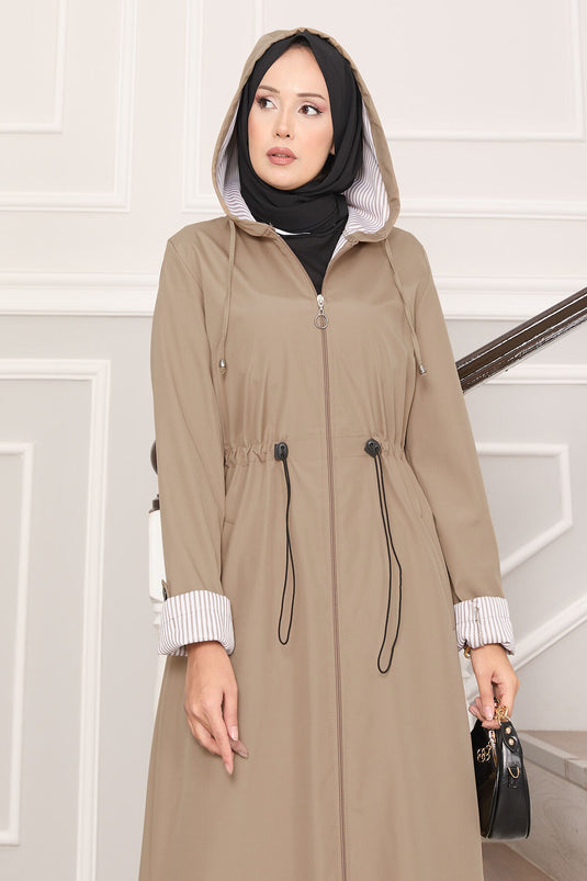 Kapüşonlu Beli Ayarlanabilir Battal Uzun Trençkot Taş