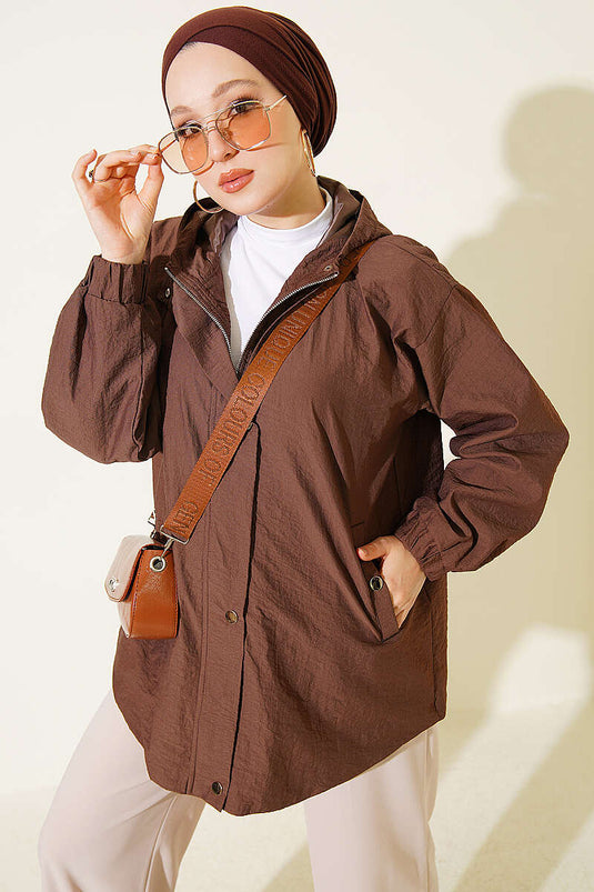 Hooded Elasticated Coffee Jacket