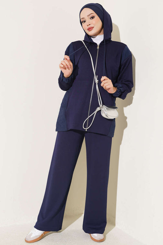 Ensemble Deux Pièces À Capuche Et Pantalon Large Marine