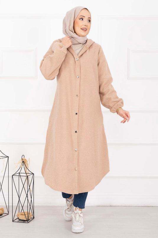 Manteau en drap beige à capuche et boutonnage intégral