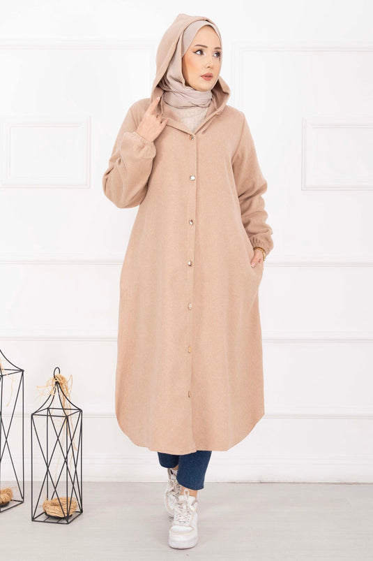 Manteau en drap beige à capuche et boutonnage intégral