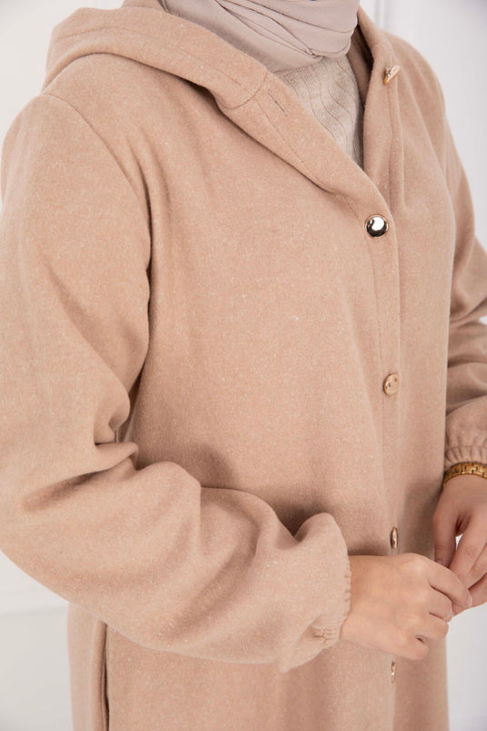 Manteau en drap beige à capuche et boutonnage intégral