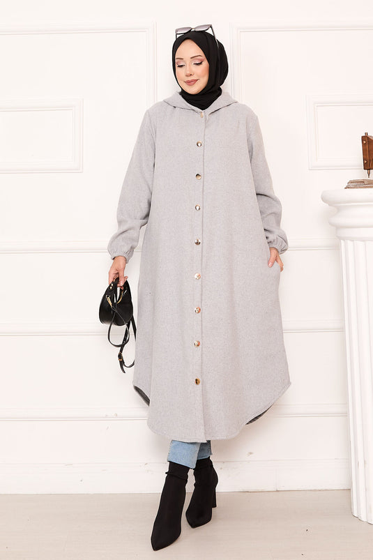 Kapüşonlu Boydan Düğmeli Kaşe Kap Gri
