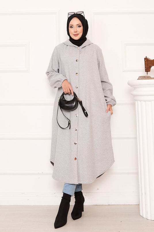 Kapüşonlu Boydan Düğmeli Kaşe Kap Gri