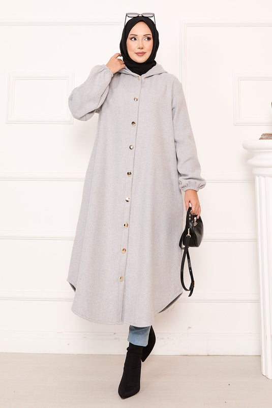 Kapüşonlu Boydan Düğmeli Kaşe Kap Gri