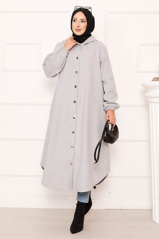 Kapüşonlu Boydan Düğmeli Kaşe Kap Gri