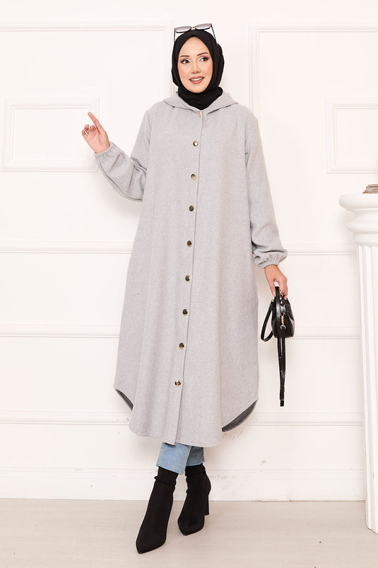 Kapüşonlu Boydan Düğmeli Kaşe Kap Gri