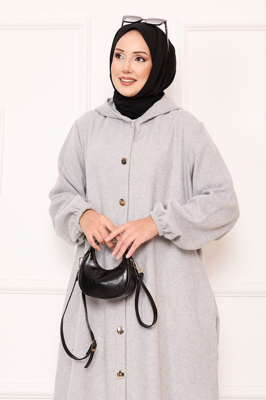 Kapüşonlu Boydan Düğmeli Kaşe Kap Gri