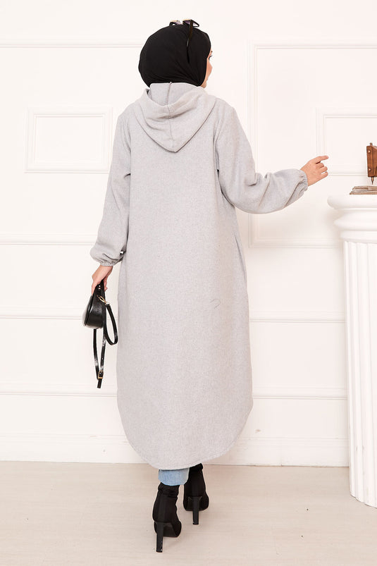 Kapüşonlu Boydan Düğmeli Kaşe Kap Gri