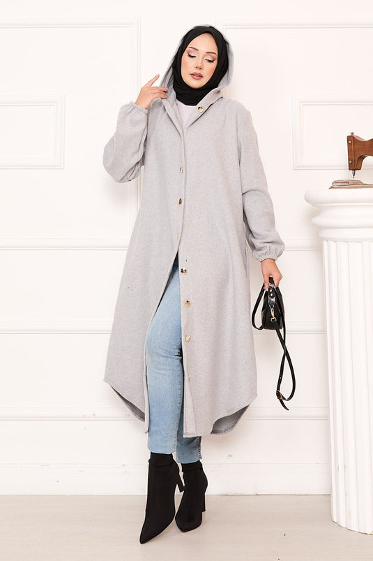 Kapüşonlu Boydan Düğmeli Kaşe Kap Gri