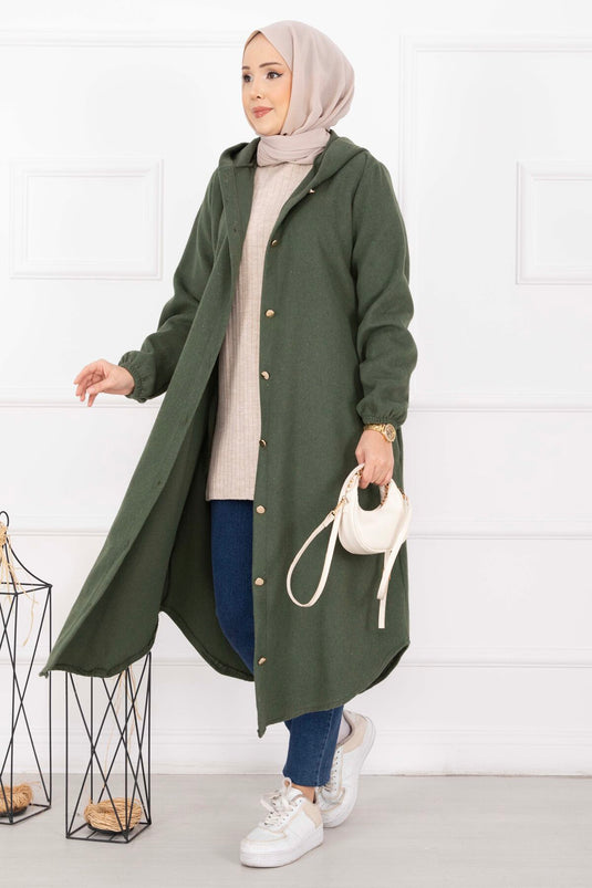 Manteau en drap à capuche, boutonné sur toute la longueur, couleur kaki